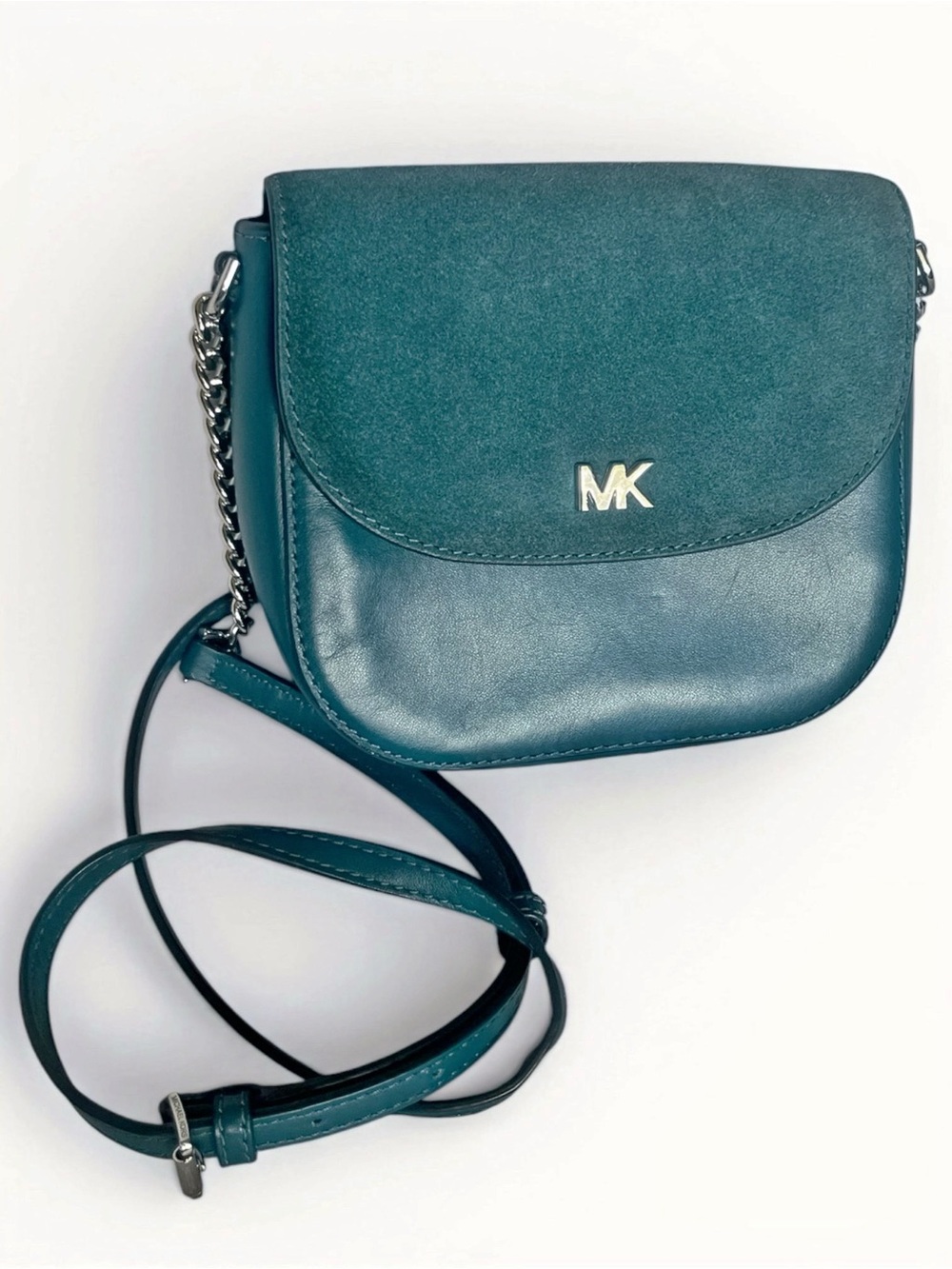 Michael Kors Teal Leather & Suede Flap Crossbody Bag Silver Chain